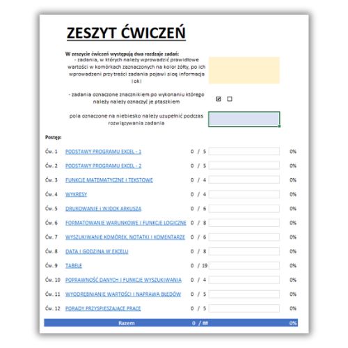 Arkusz tytułowy zeszytu ćwiczeń z listą tematów i licznikami postępu