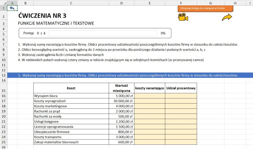 Ćwiczenie nr 3 - funkcje matematyczne i tekstowe, polecenia i tabela kosztów firmy