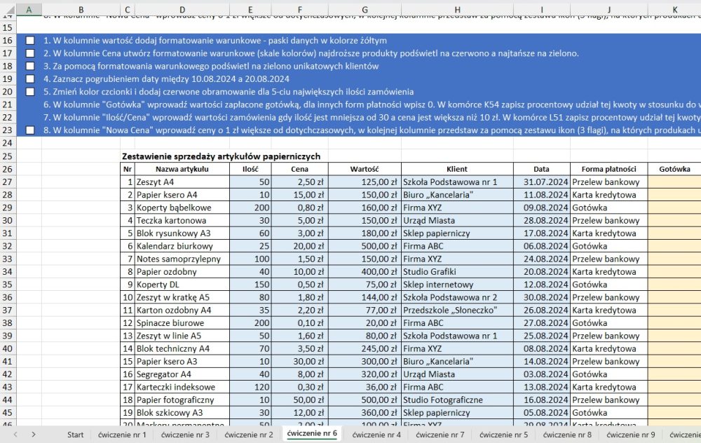 Zestawienie sprzedaży z poleceniami formatowania warunkowego i zakładkami ćwiczeń