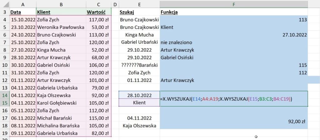 x.wyszukaj na przecięciu wiersza i kolumny