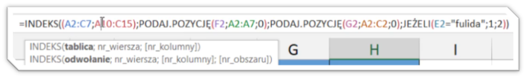 funkcja indeks i podaj pozycje Excel