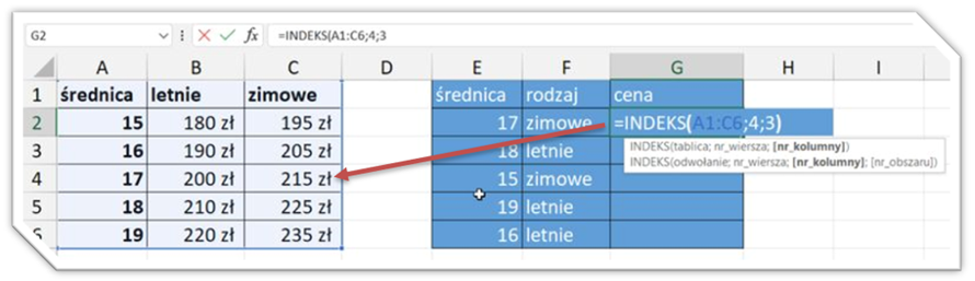 funkcja indeks i podaj pozycje Excel