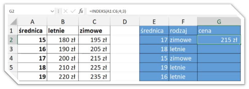 funkcja indeks i podaj pozycje Excel