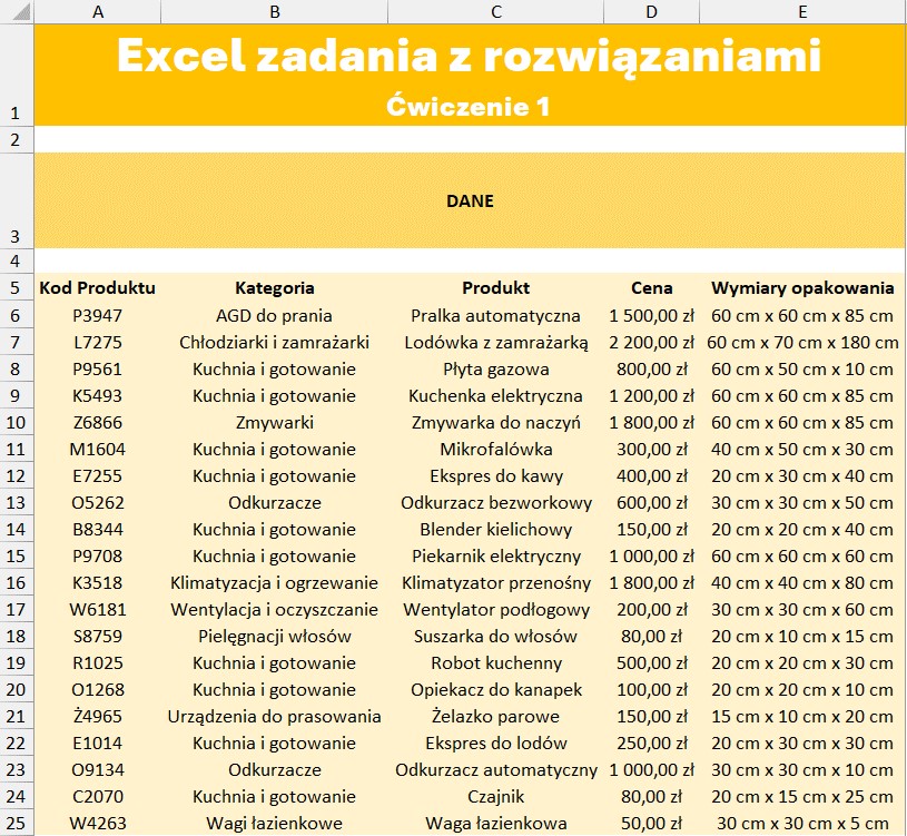 Excel zadania z rozwiązaniami - ćwiczenie nr 1