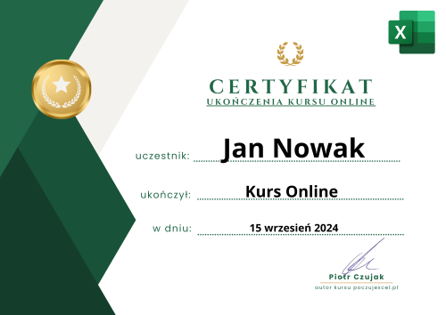 przykładowy certyfikat ukończenia kursu Excel