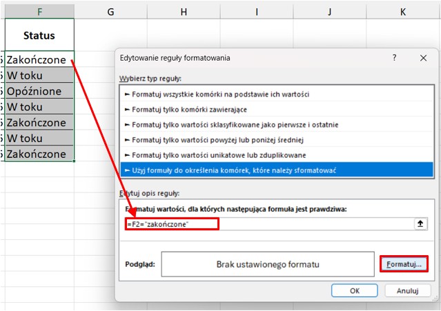 Formatowanie warunkowe na podstawie formuły