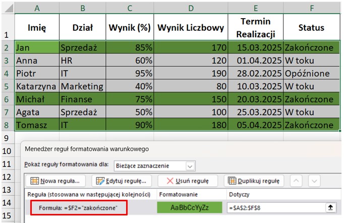 Formatowanie warunkowe na podstawie formuły