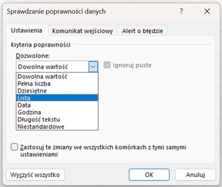 Lista rozwijalna Excel