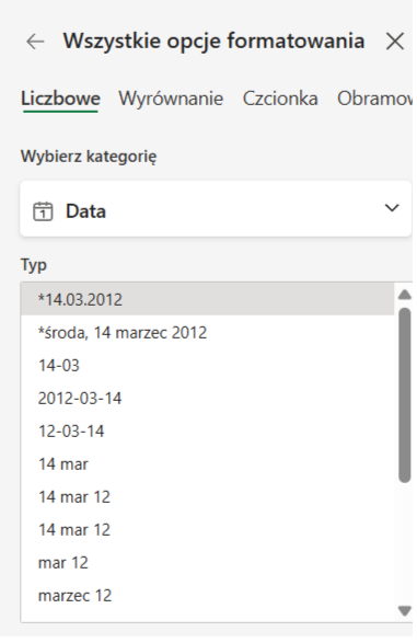 Okno formatowania komórek w Excelu z kategorią Liczbowe → Data, różne typy wyświetlania data w Excelu”