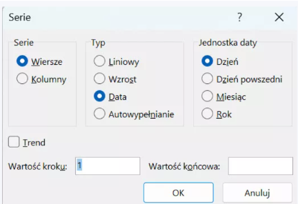 Okno Seria danych w Excelu, a ustawienia generowania daty w Excelu według kroku i jednostki daty”