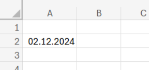Komórka A2 w Excelu z wpisaną datą 02.12.2024