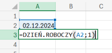 Formuła =DZIEŃ.ROBOCZY(A2;1) w Excelu -automatyczne generowanie daty w Excelu tylko dla dni roboczych