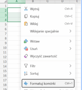Zaznaczone komórki w Excelu i menu z opcją Formatuj komórki - przygotowanie do wprowadzania daty w Excelu jako tekst