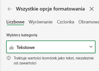 Okno formatowania komórek w Excelu – wybrana kategoria Tekstowe zamiast Data w Excelu