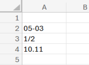 Komórki z wpisanymi wartościami 05-03, 1/2 i 10.11 - Excel nie zmienił ich na daty w Excelu