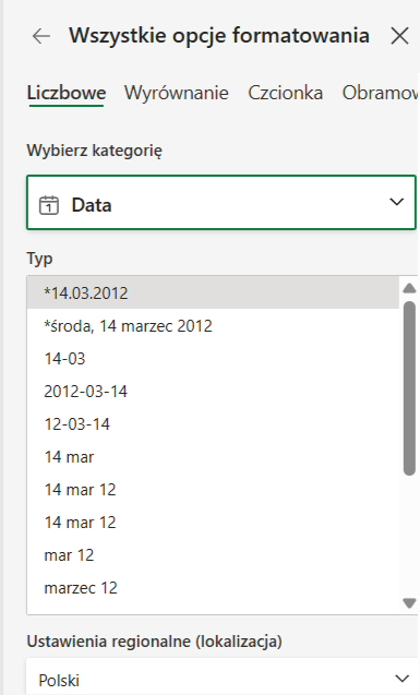 Okno formatowania daty w Excelu z ustawieniami regionalnymi Polski