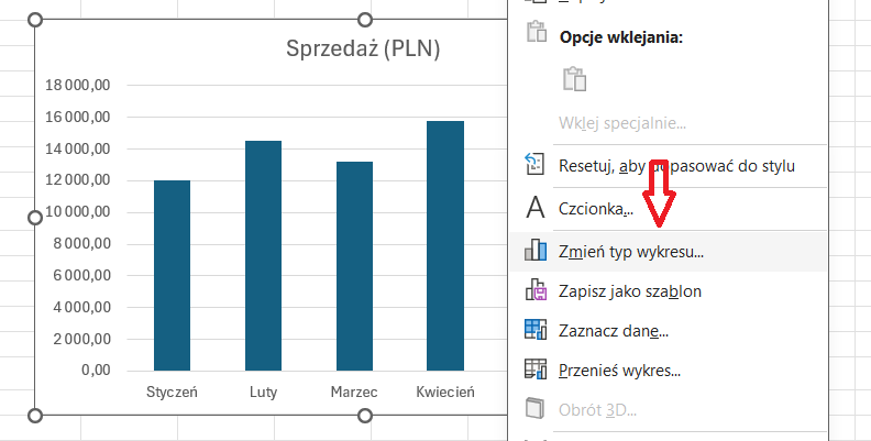 Okno Zmień typ wykresu w Excelu - wybór innego typu wykresu, jak zrobić wykres w excelu
