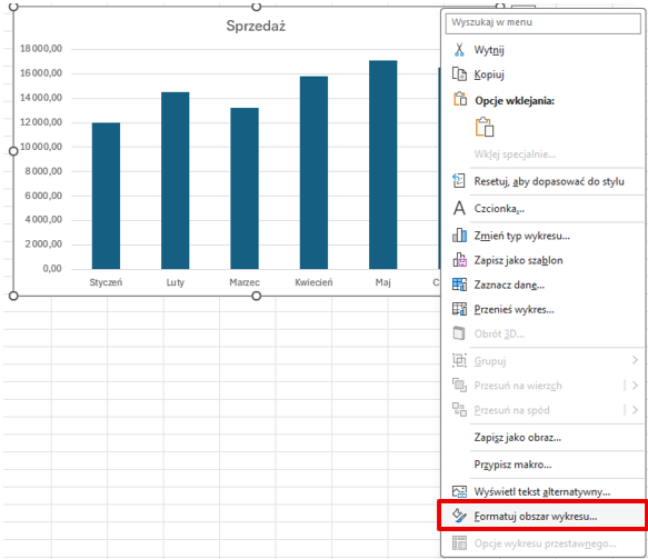 Menu kontekstowe wykresu w Excelu - formatuj obszar wykresu, jak zrobić wykres w excelu