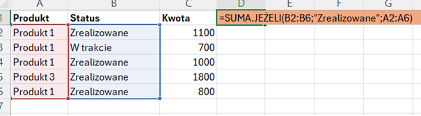 Błędna formuła SUMA.JEŻELI z warunkiem Zrealizowane, gdzie jako suma_zakres wskazano kolumnę Produkt (A2:A6) zamiast kolumny Kwota.