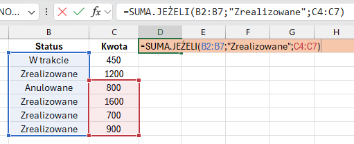 Formuła =SUMA.JEŻELI(B2:B6;Zrealizowane;C2:C6) bez cudzysłowu w kryterium, wynik wynosi 0.