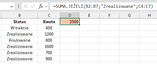 Formuła =SUMA.JEŻELI(B2:B7;"Zrealizowane";C4:C7) z różnymi rozmiarami zakresów, wynik wynosi 2500.