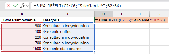 Formuła =SUMA.JEŻELI(C2:C6;"Szkolenie";B2:B6) z zaznaczonym zakresem kryterium C2:C6 i zakresem sumowania B2:B6.*