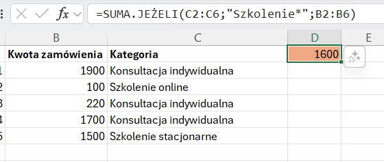 Formuła =SUMA.JEŻELI(C2:C6;"Szkolenie";B2:B6) z symbolem * oraz wynik 1600 w komórce D1.*