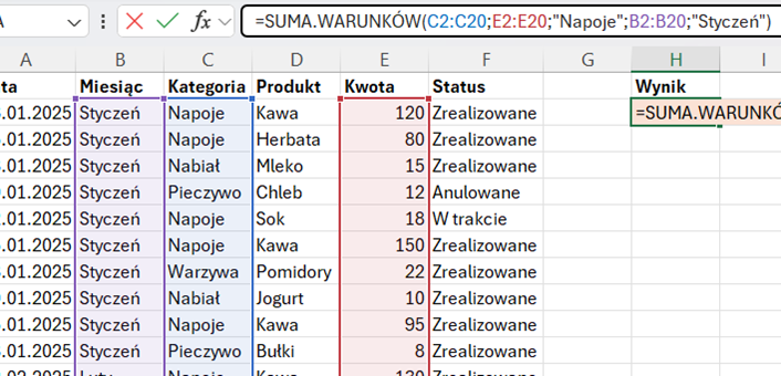 Niepoprawny zapis funkcji SUMA.WARUNKÓW() w Excelu z błędną kolejnością argumentów, prowadzący do nieprawidłowego wyniku.