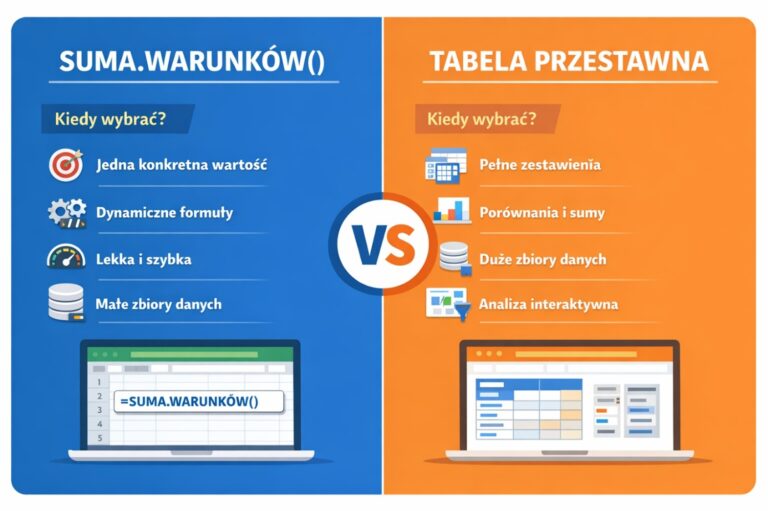 Porównanie funkcji SUMA.WARUNKÓW() i tabeli przestawnej w Excelu