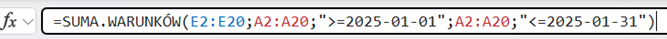 Formuła SUMA.WARUNKÓW() w Excelu z warunkami dat zapisanymi jako tekst
