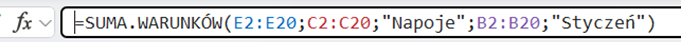 Formuła SUMA.WARUNKÓW() w Excelu sumująca kwoty dla kategorii Napoje w miesiącu Styczeń.