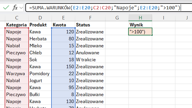 Formuła SUMA.WARUNKÓW() w Excelu z warunkiem tekstowym Napoje oraz liczbowym >100, z podświetlonymi zakresami danych.