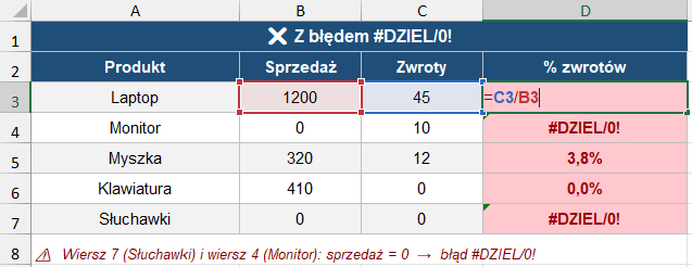 błędy w Excelu