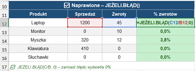 błędy w Excelu