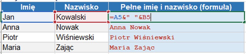 Łączenie imienia i nazwiska operatorem & w Excelu