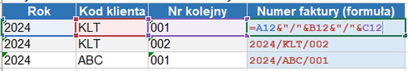Tworzenie numeru faktury operatorem & w Excelu