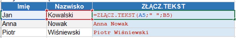 Formuła ZŁĄCZ.TEKST z wynikiem łączenia tekstu w Excelu