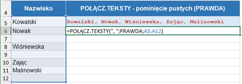 Funkcja POŁĄCZ.TEKSTY z listą nazwisk i separatorem w Excelu