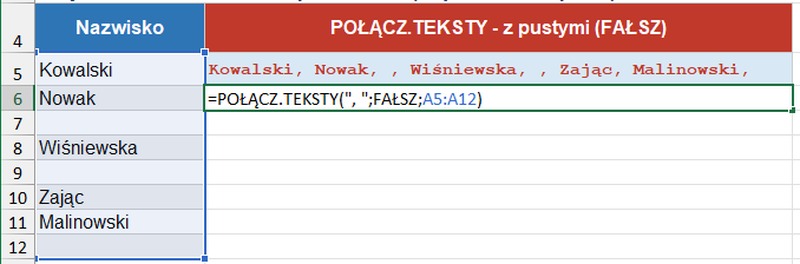 Funkcja POŁĄCZ.TEKSTY z listą nazwisk i separatorem w Excelu