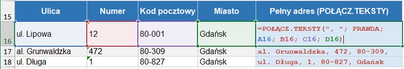 Łączenie adresu z wielu komórek funkcją POŁĄCZ.TEKSTY w Excelu