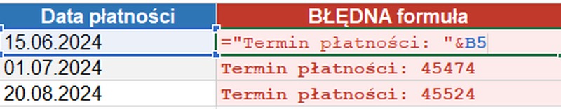 Błędny wynik łączenia tekstu z datą w Excelu - widoczny numer zamiast daty