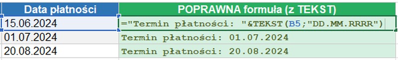 Poprawna formuła z funkcją TEKST i datą w Excelu