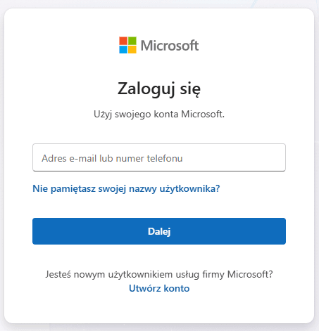 Ekran logowania do konta Microsoft