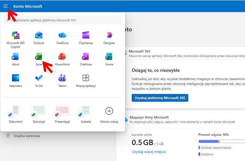 Menu aplikacji Microsoft 365 z ikoną Excela