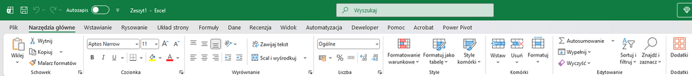 Wstążka Excela w wersji na komputer, z kartami Automatyzacja, Deweloper i Power Pivot