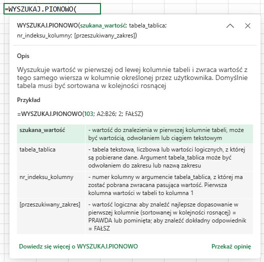 Rozwinięty opis funkcji WYSZUKAJ.PIONOWO w Excelu w przeglądarce