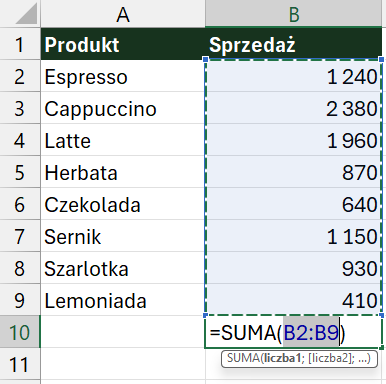 Autosumowanie w komórce B10: Excel proponuje formułę =SUMA(B2:B9) i obrysowuje kolumnę kwot przerywaną ramką
