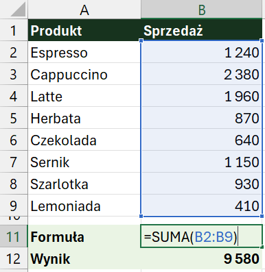 Formuła =SUMA(B2:B9) z obrysowanym zakresem kwot B2:B9 i wynik 9 580 w wierszu pod nią